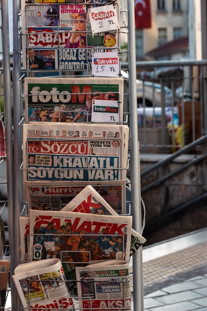 Close-up of a newspaper stand with Turkish newspapers on a street in Istanbul.