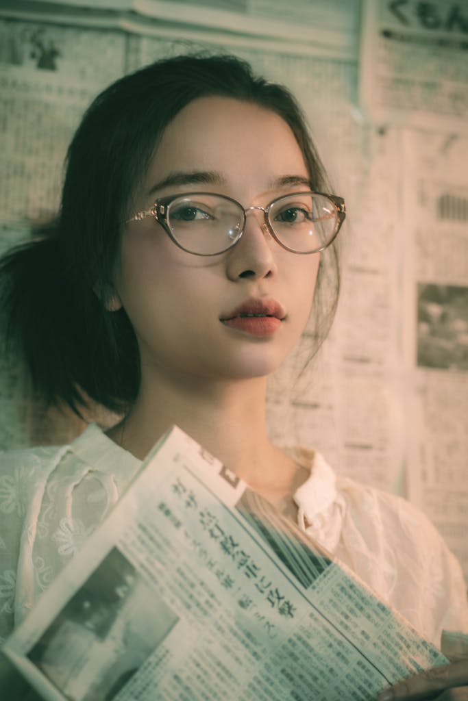 Young woman with glasses reading a newspaper, evokes vintage nostalgia.