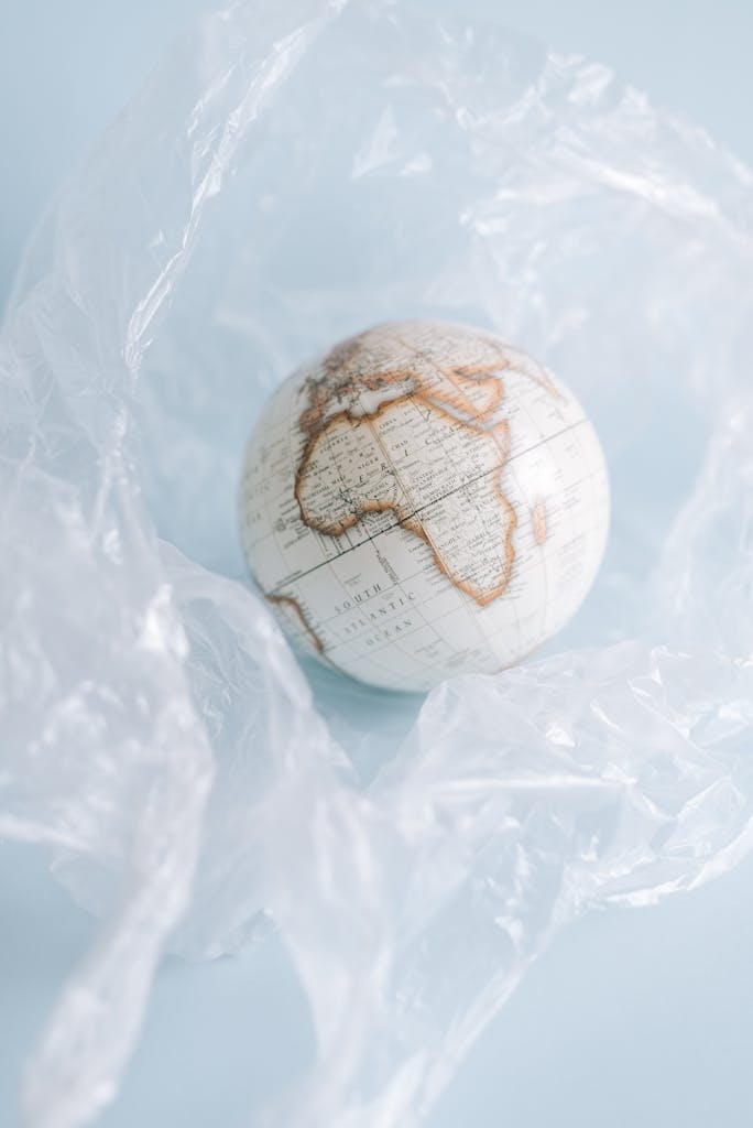 A globe encased in plastic highlighting environmental concerns.
