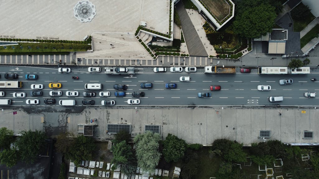 MC Lyte Car Crash A busy street in Istanbul captured from above, showcasing urban traffic and architecture.