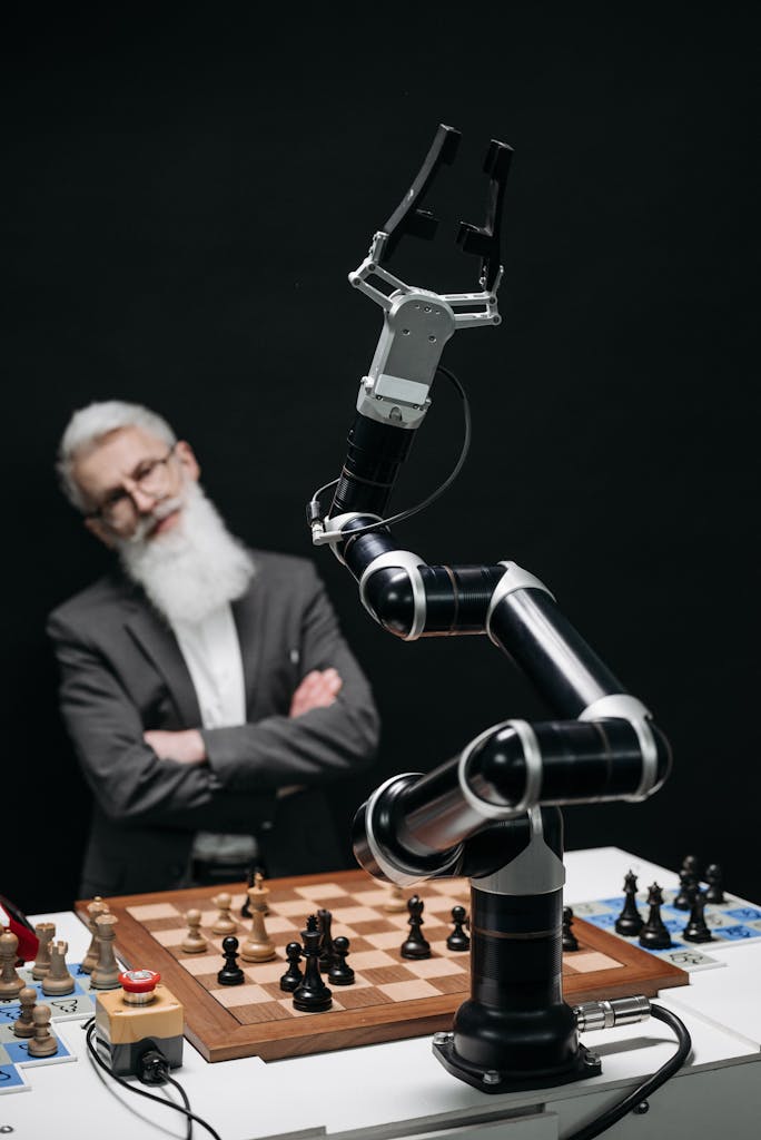 A robotic arm versus a thoughtful man in a strategic chess game indoors.