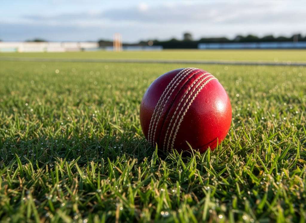 Pak vs Ind Close-up of a vibrant red cricket ball on a grass field, ideal for sports themes.