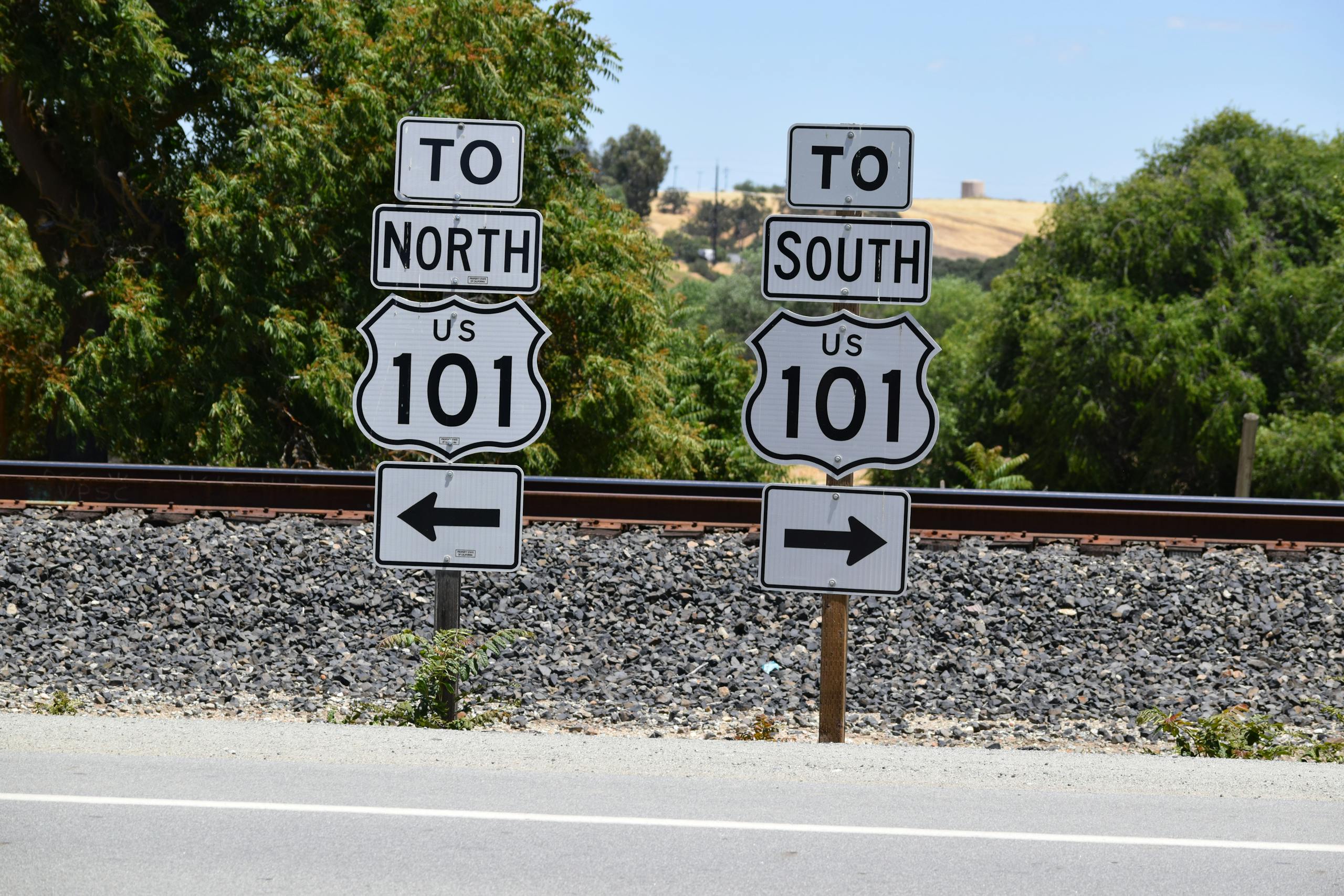 Six Sigma Certification Online VRealize Infrastructure Navigator Directional signs for US Route 101 seen in San Miguel, California during a sunny day.