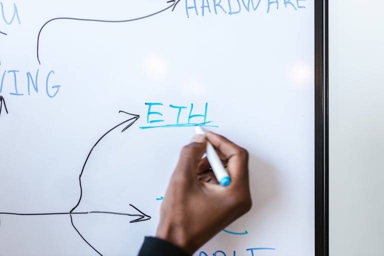 FintechAsia: Driving Innovation in the Financial Technology LandscapeHand writing 'ETH' on a whiteboard, highlighting Ethereum concept.