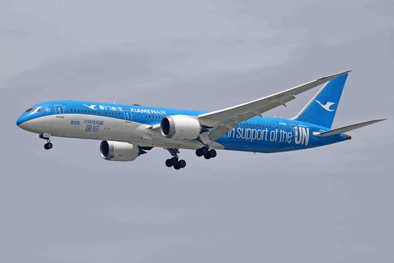Openskynews Boeing 787 flying with UN support livery against a cloudy sky.